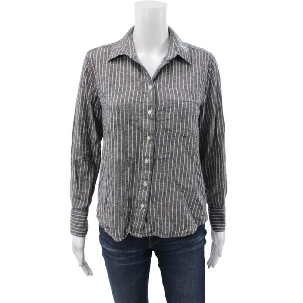 Banana Republic Women Striped Blue Linen Button-Up Long Sleeve Petite Size S